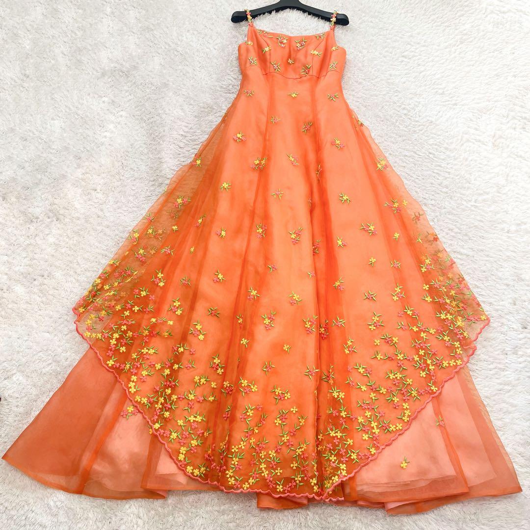 AIMER カラードレス カクテル 刺繍 花柄 フラワー　チュール オレンジ 9