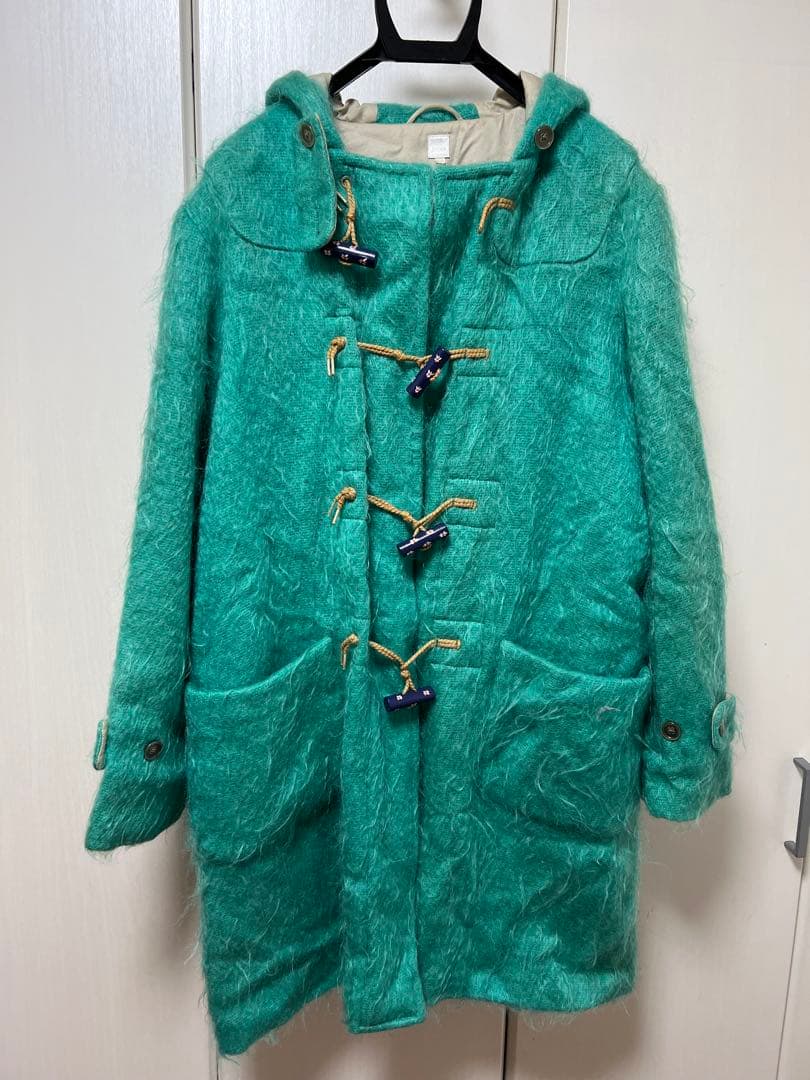 ターコイズ モヘア素材　ダッフルコート フード付き