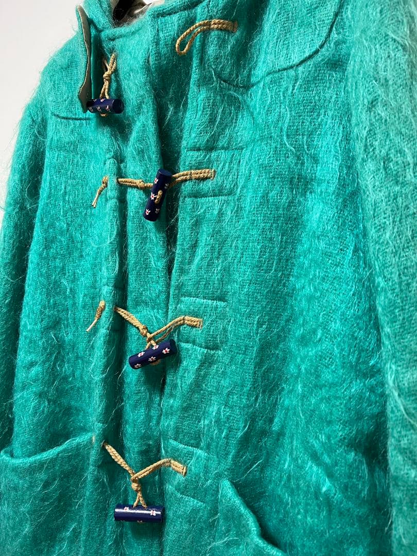 ターコイズ モヘア素材　ダッフルコート フード付き