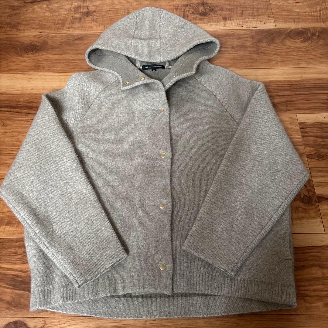 23X フード付きグレーウールコート 38