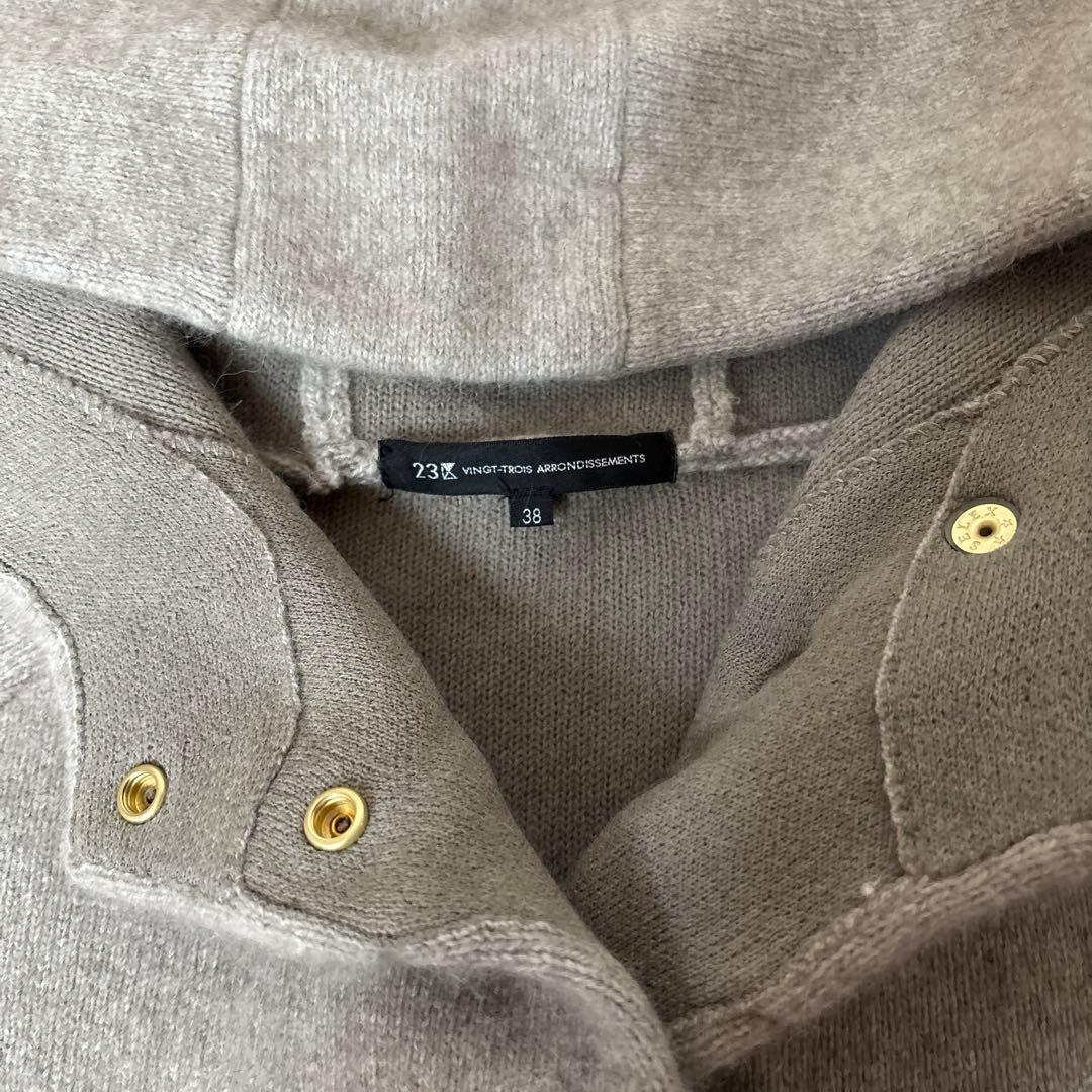 23X フード付きグレーウールコート 38