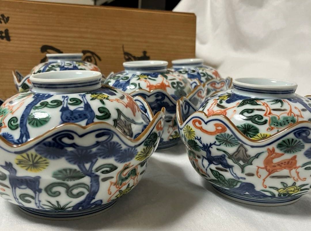 平安京泉　向付　５客　色絵　松鹿文　蓋向付