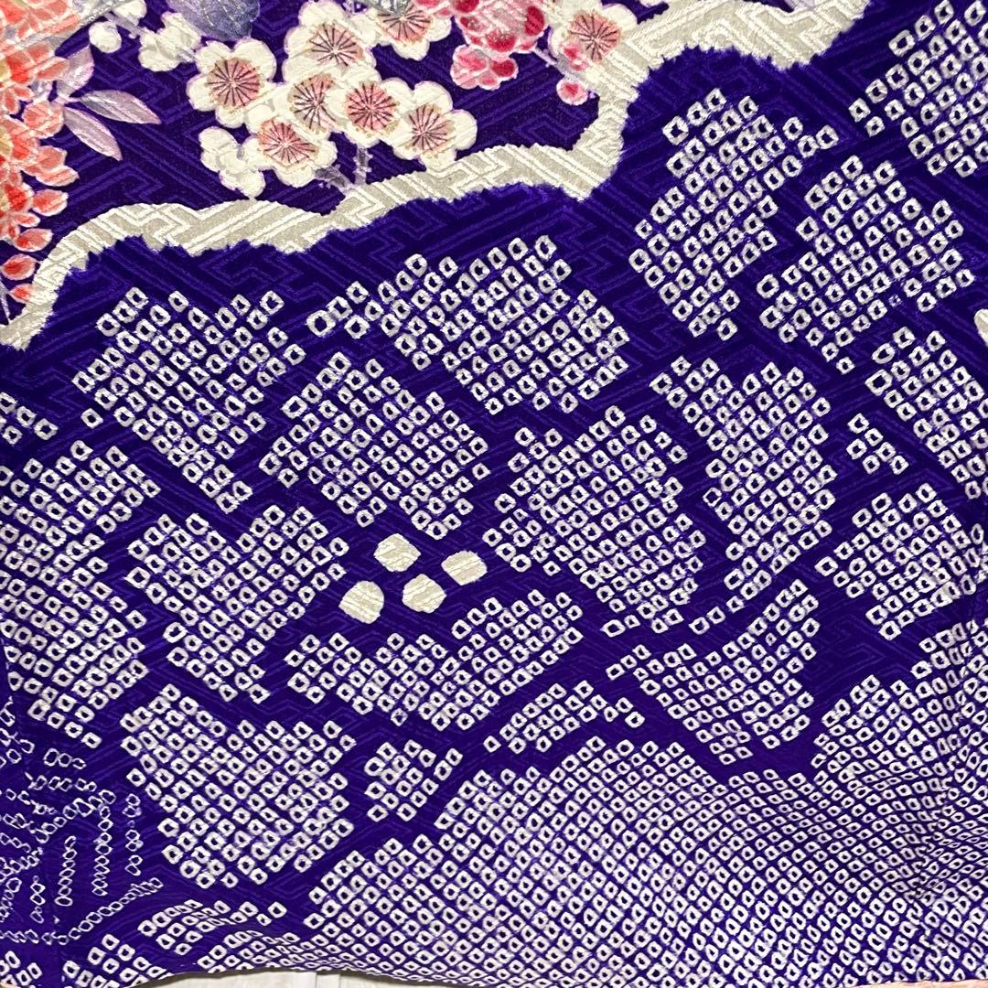 D858 振袖　絞り　花模様　正絹　着物　袷　極美品