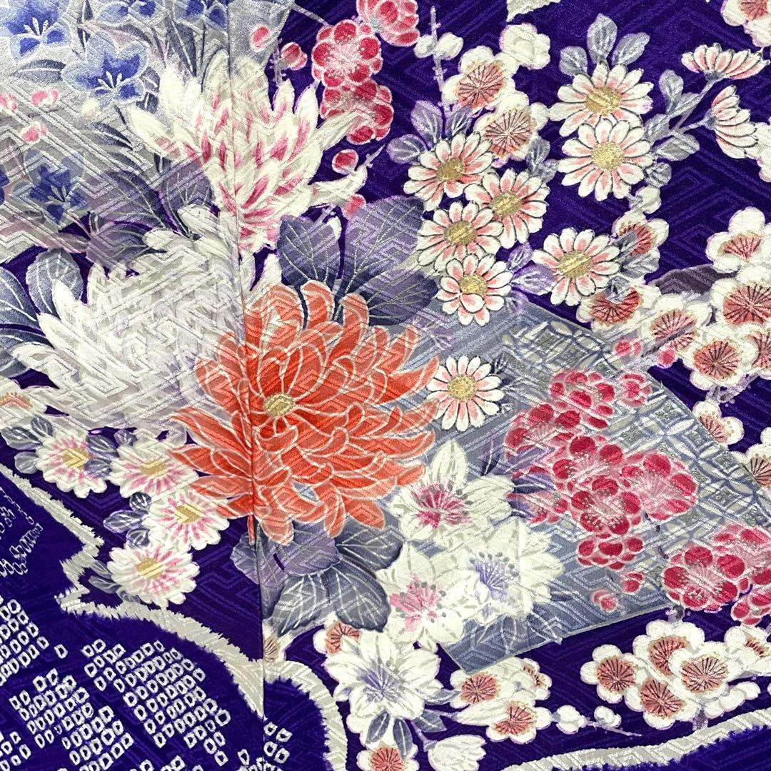 D858 振袖　絞り　花模様　正絹　着物　袷　極美品