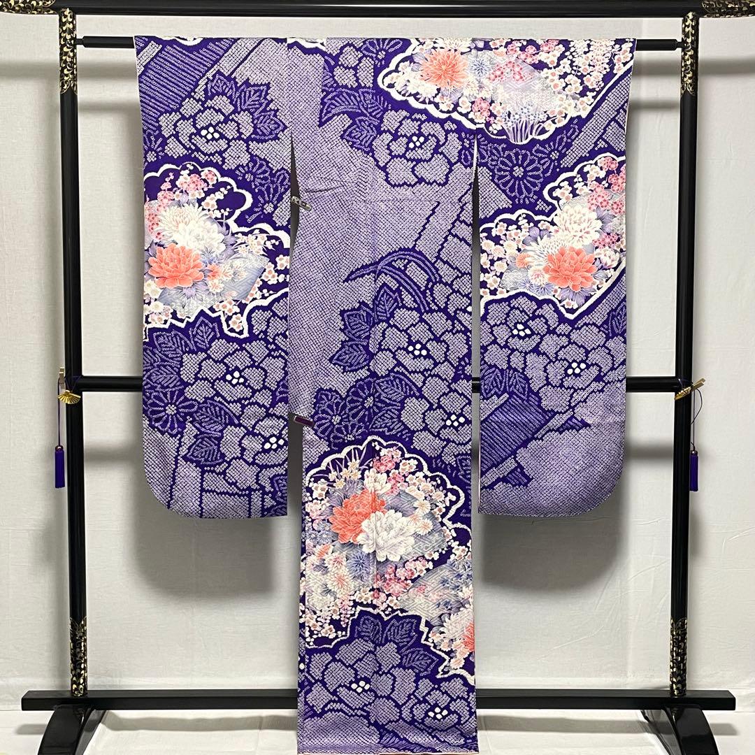 D858 振袖　絞り　花模様　正絹　着物　袷　極美品