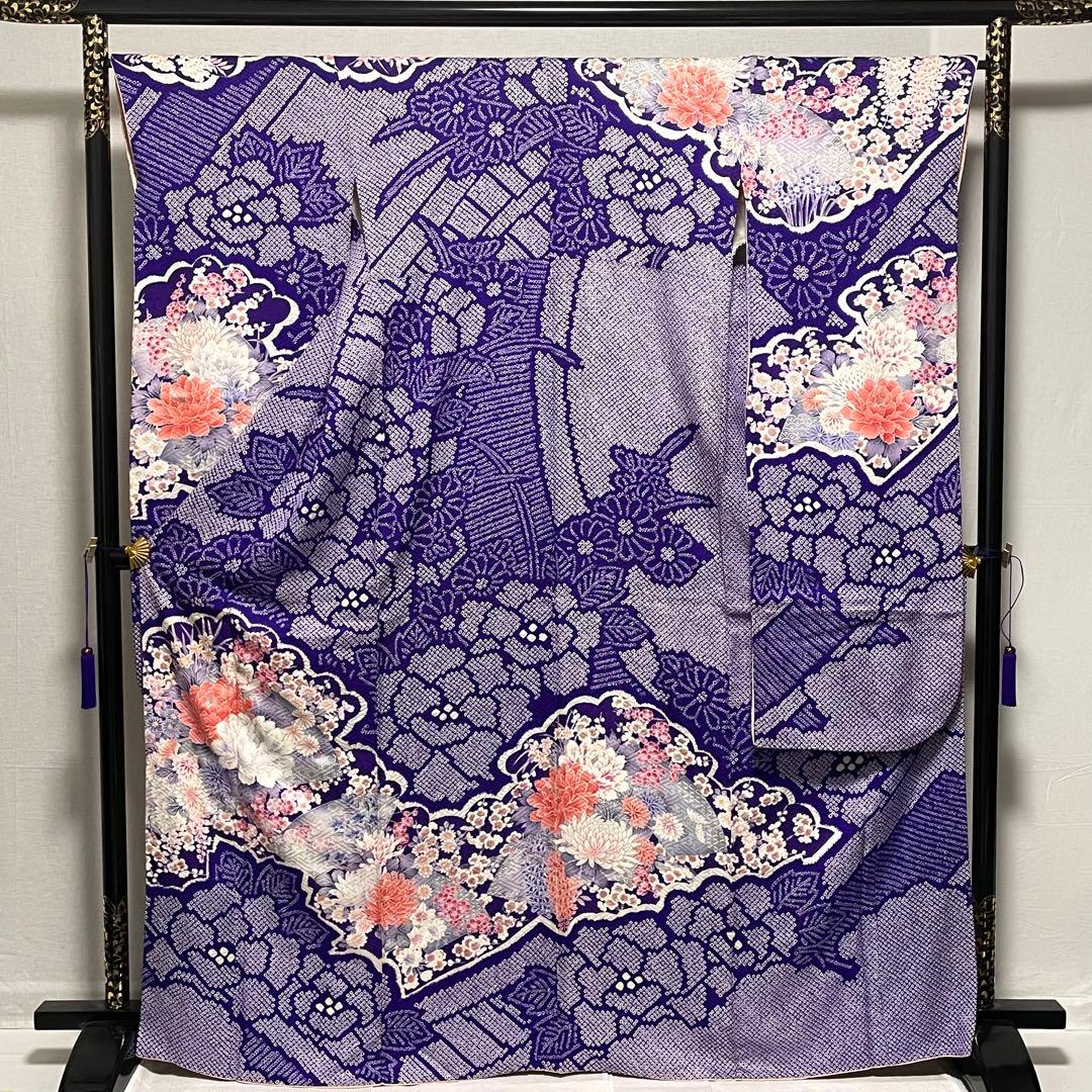 D858 振袖　絞り　花模様　正絹　着物　袷　極美品