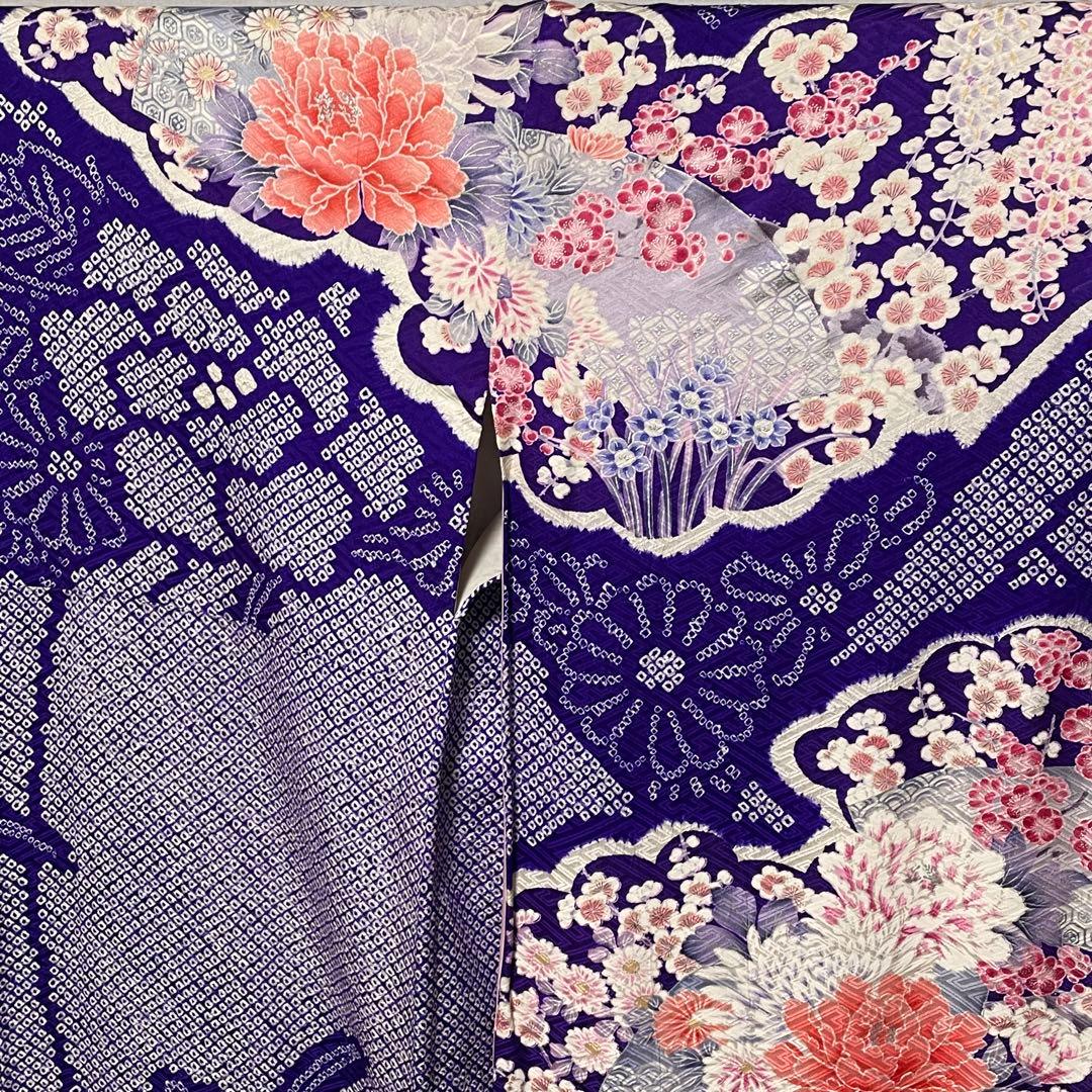 D858 振袖　絞り　花模様　正絹　着物　袷　極美品