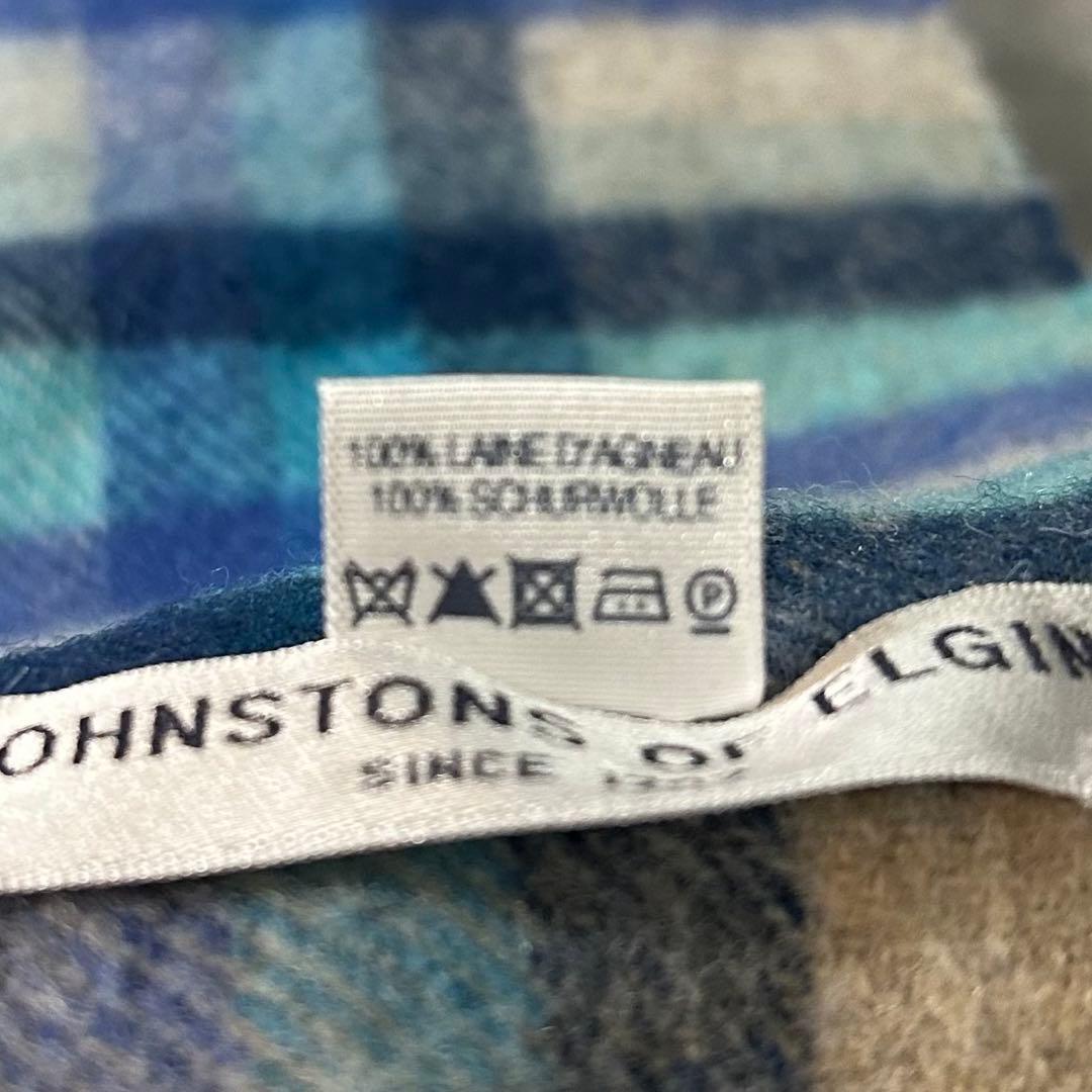 JOHNSTONS カシミヤ100% チェック マフラーブルースコットランド製