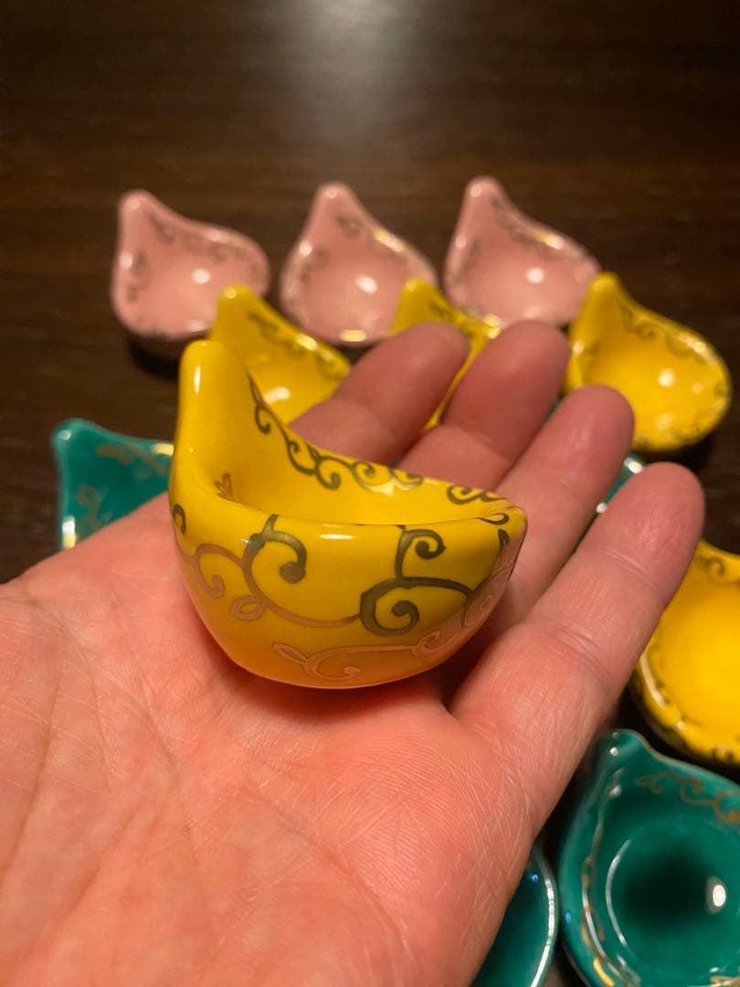 珍味入れ京焼　金唐草柄ちぎりもち緑交趾　黄交趾　ピンク3色　2セット 6個