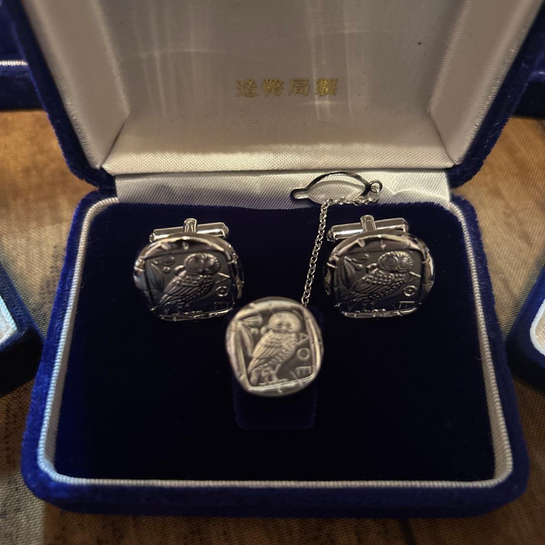 未使用】造幣局製　SV　シルバー　フクロウ　 カフリンクス　タイピン セット