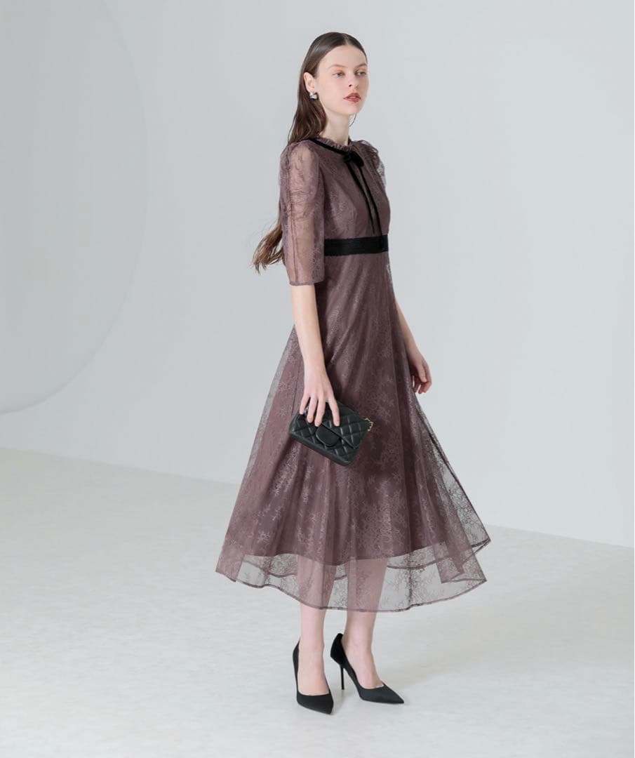 【美品】leja ウエストマーク　パフスリーブ　レースロングワンピース　ドレスM