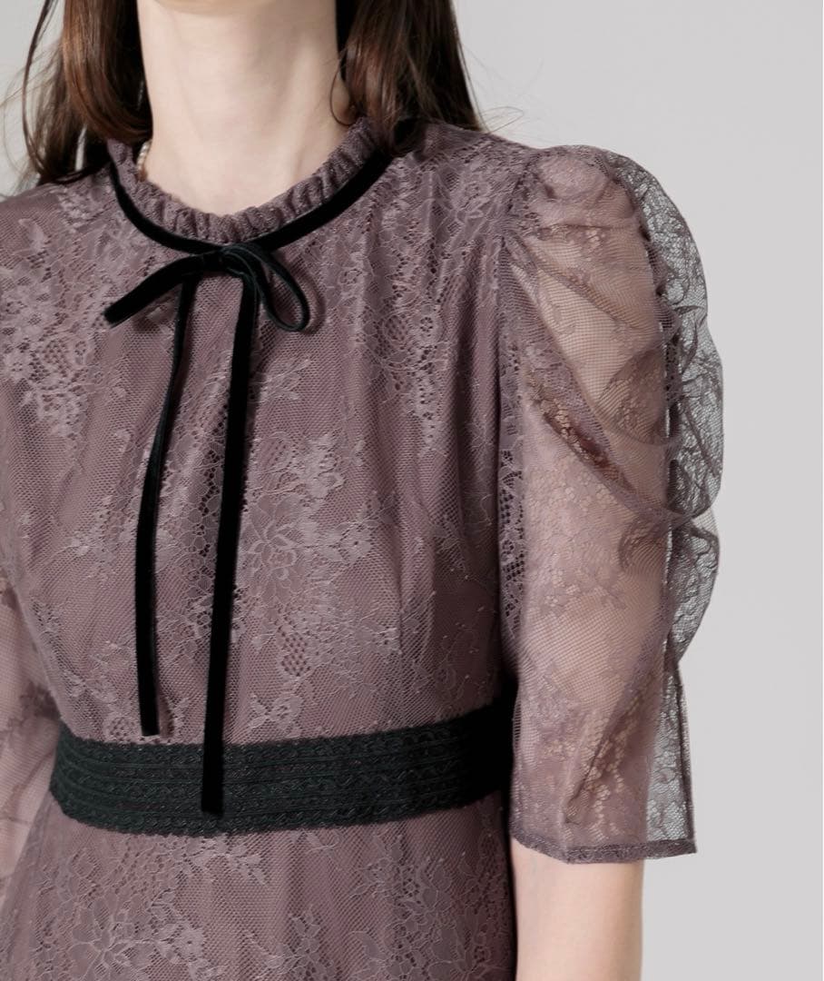 【美品】leja ウエストマーク　パフスリーブ　レースロングワンピース　ドレスM