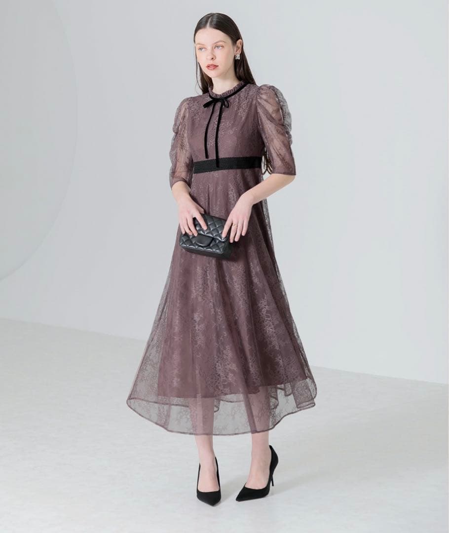 【美品】leja ウエストマーク　パフスリーブ　レースロングワンピース　ドレスM