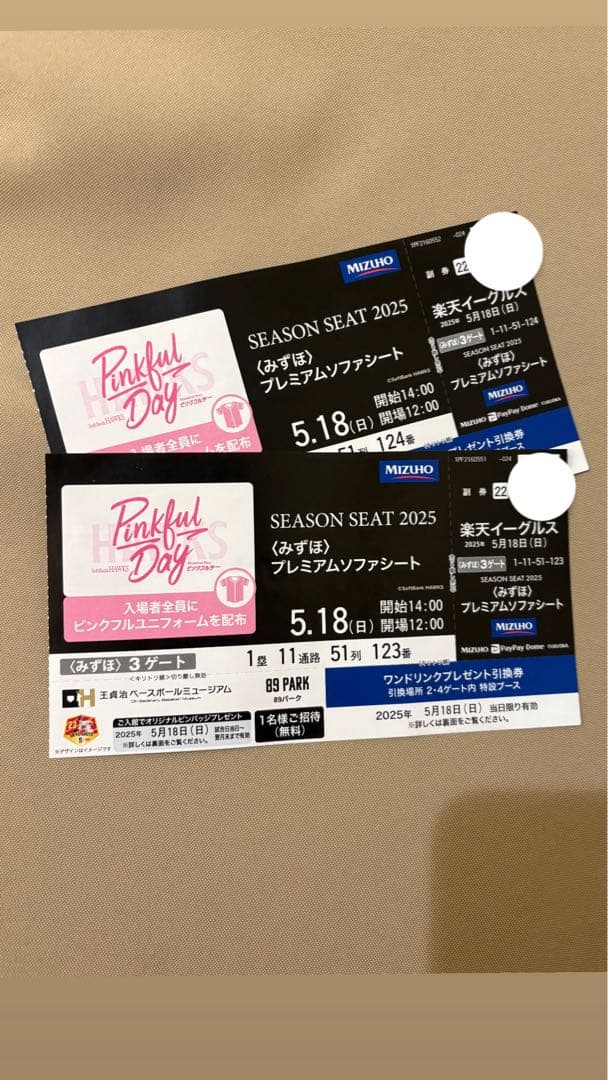 5/18(日)ソフトバンクvs楽天イーグルス みずほプレミアムソファーシート