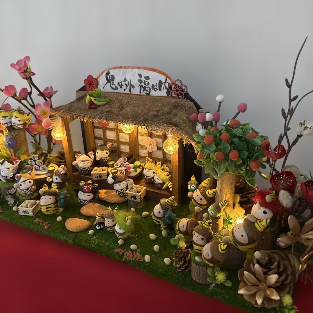 どんぐりアート♡2026年度節分　猫帽子BIGオブジェ　一点物♡