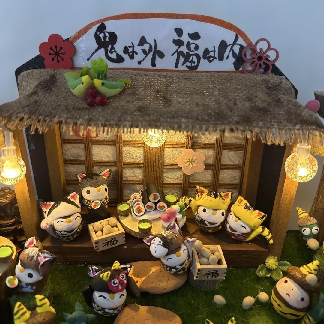 どんぐりアート♡2026年度節分　猫帽子BIGオブジェ　一点物♡