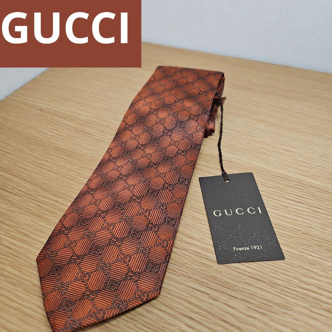 未使用 タグ付き GUCCI ネクタイ シルク100% オレンジ GG柄 総柄
