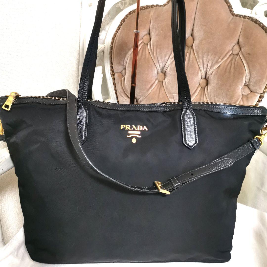 【美品】プラダPRADA 2way肩掛けトートバッグ黒サフィアーノ鑑定済!