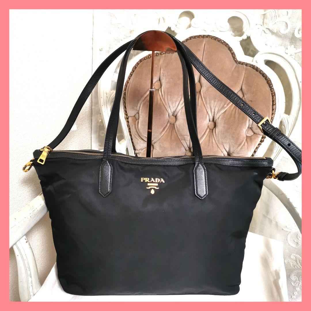 【美品】プラダPRADA 2way肩掛けトートバッグ黒サフィアーノ鑑定済!