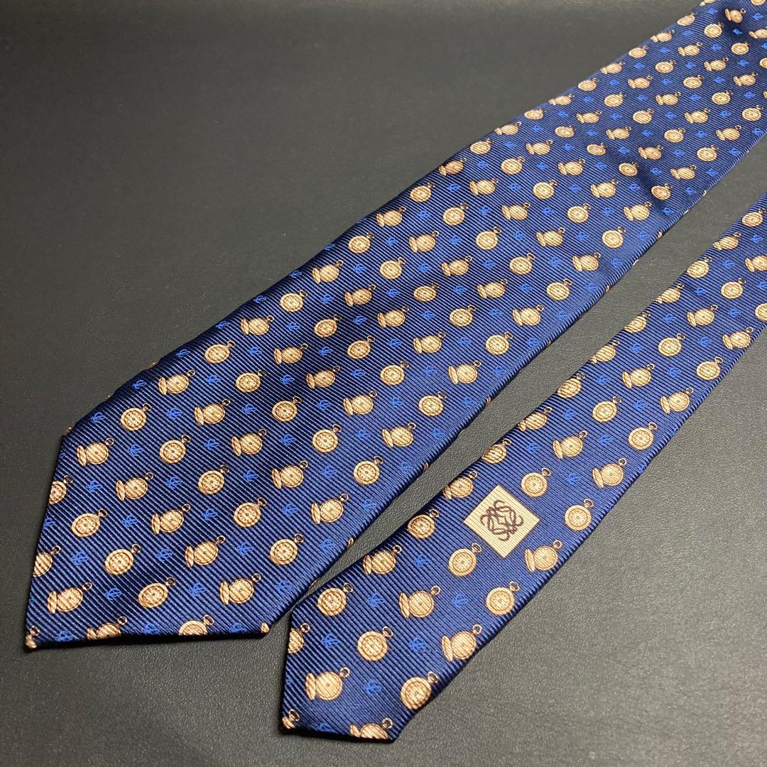 【美品】LOEWE ロエベ　ネクタイ　ネイビー　ブラウン　ブルー　懐中時計柄