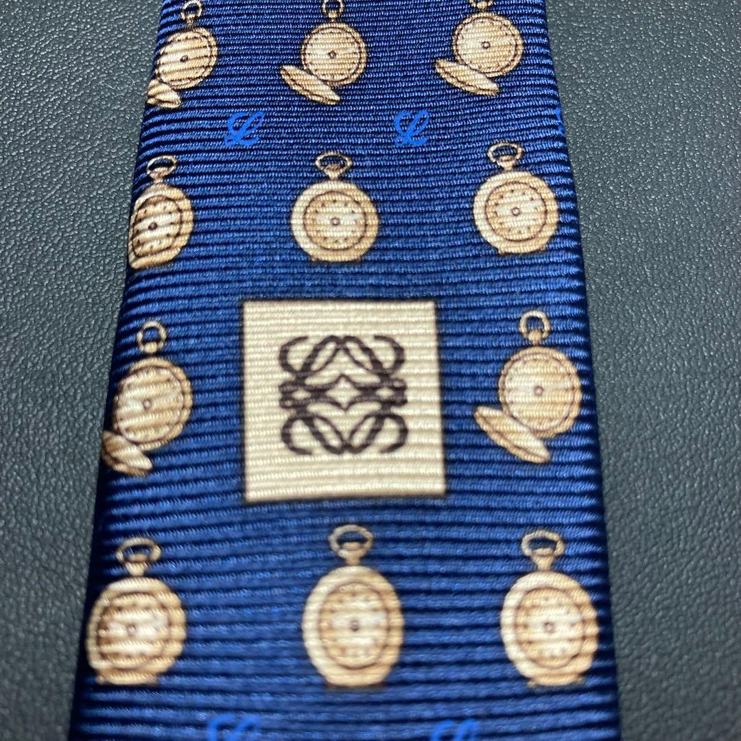 【美品】LOEWE ロエベ　ネクタイ　ネイビー　ブラウン　ブルー　懐中時計柄