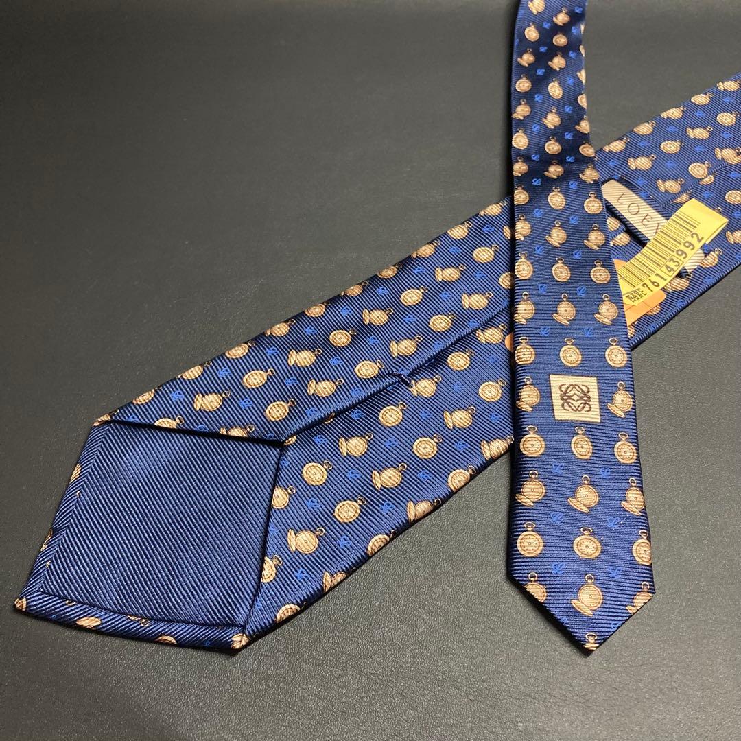 【美品】LOEWE ロエベ　ネクタイ　ネイビー　ブラウン　ブルー　懐中時計柄