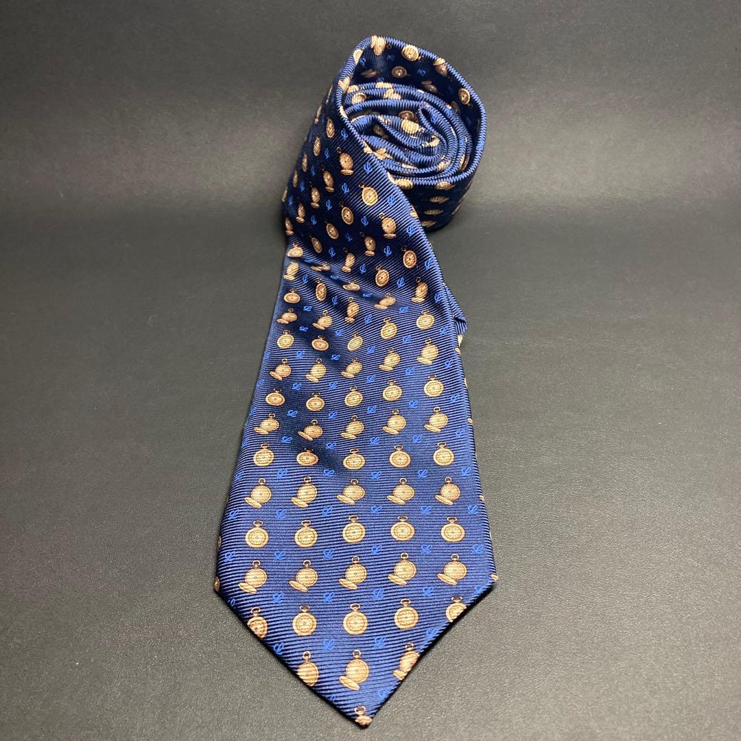 【美品】LOEWE ロエベ　ネクタイ　ネイビー　ブラウン　ブルー　懐中時計柄