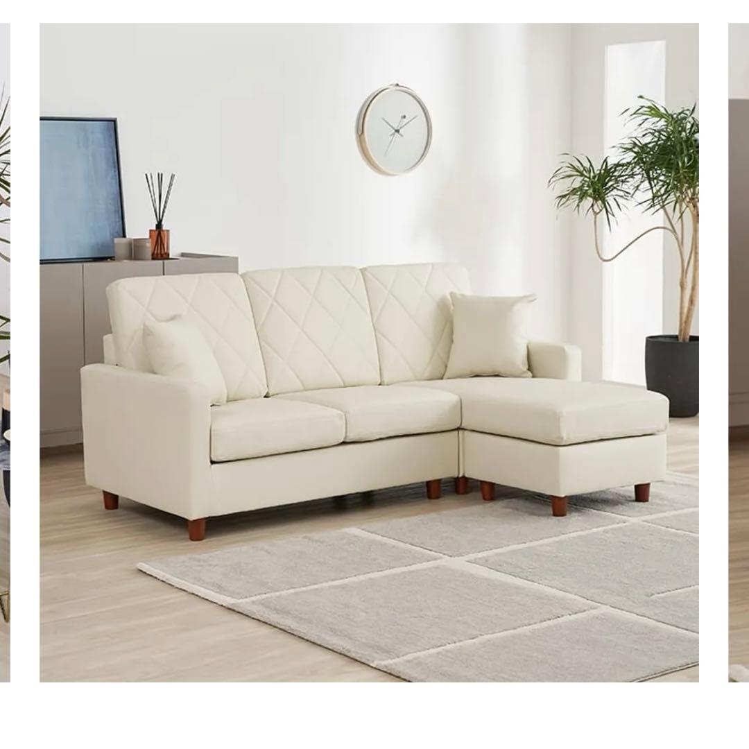 LOWYA 3人掛けカウチソファ クッション付き PVC生地 ホワイト