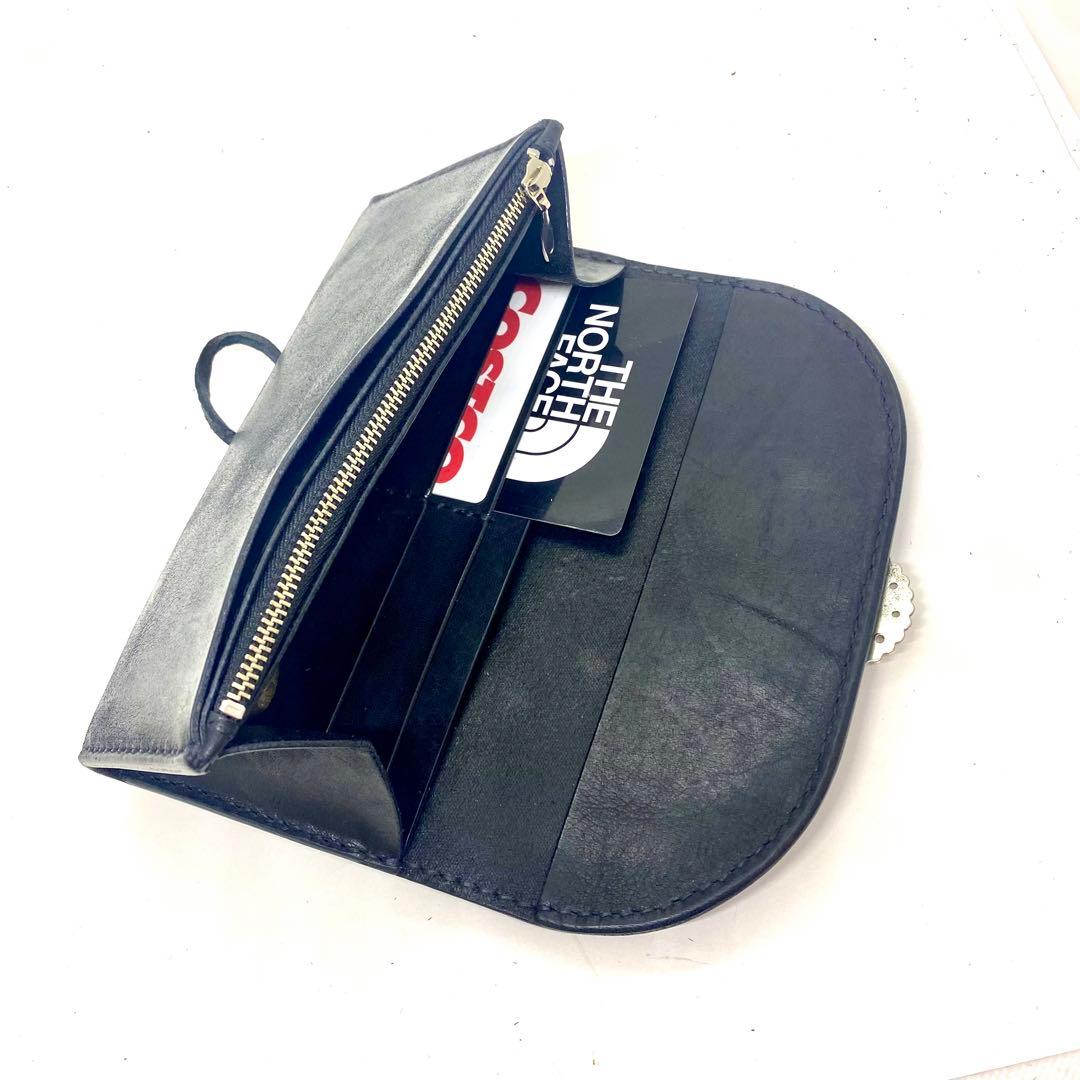 本革レザーウォレット 長財布フラワーコンチョ　BKブラック黒　革紐