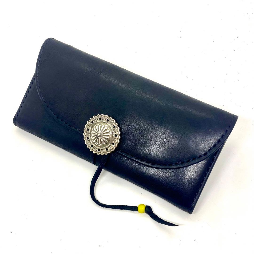 本革レザーウォレット 長財布フラワーコンチョ　BKブラック黒　革紐