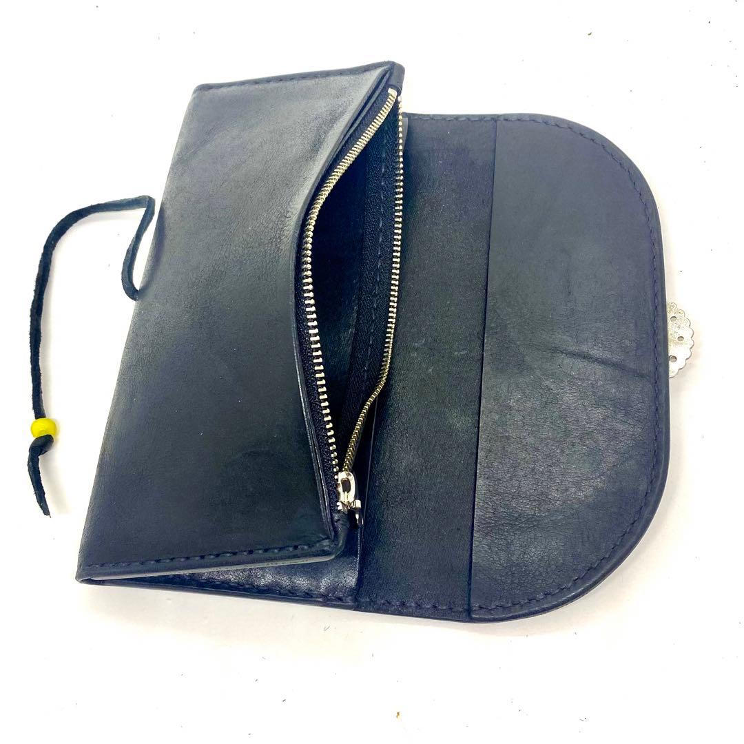 本革レザーウォレット 長財布フラワーコンチョ　BKブラック黒　革紐