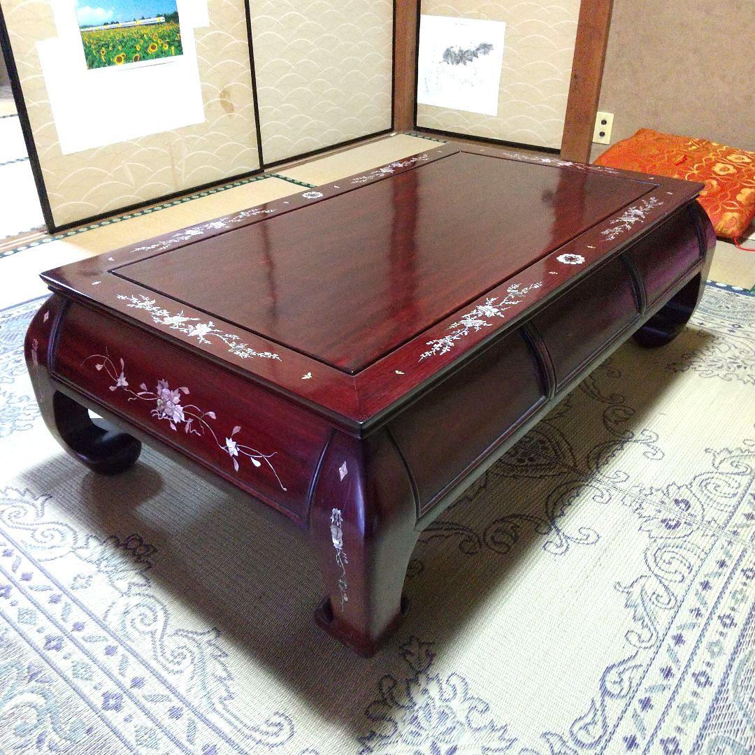 螺鈿 木製座卓 テーブル 花柄 引き出し付 アジアン