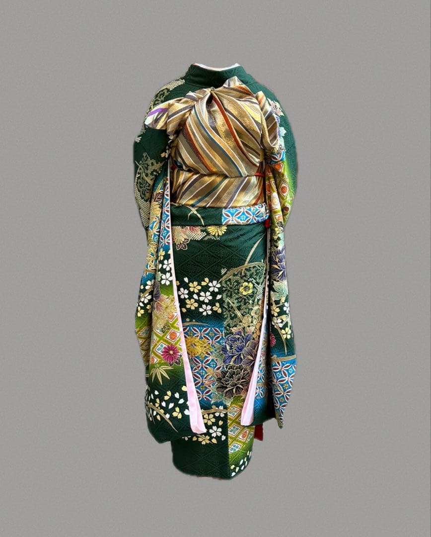 振袖　フルセット　成人式　正絹　緑　金　グリーン