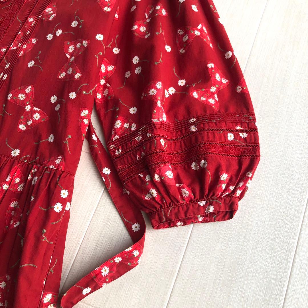 ピンクハウス マーガレット リボン ピンタック はしごレース 7分袖 ワンピース