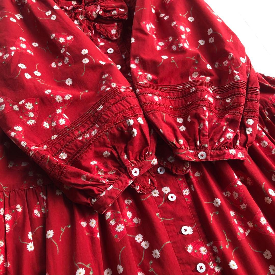 ピンクハウス マーガレット リボン ピンタック はしごレース 7分袖 ワンピース