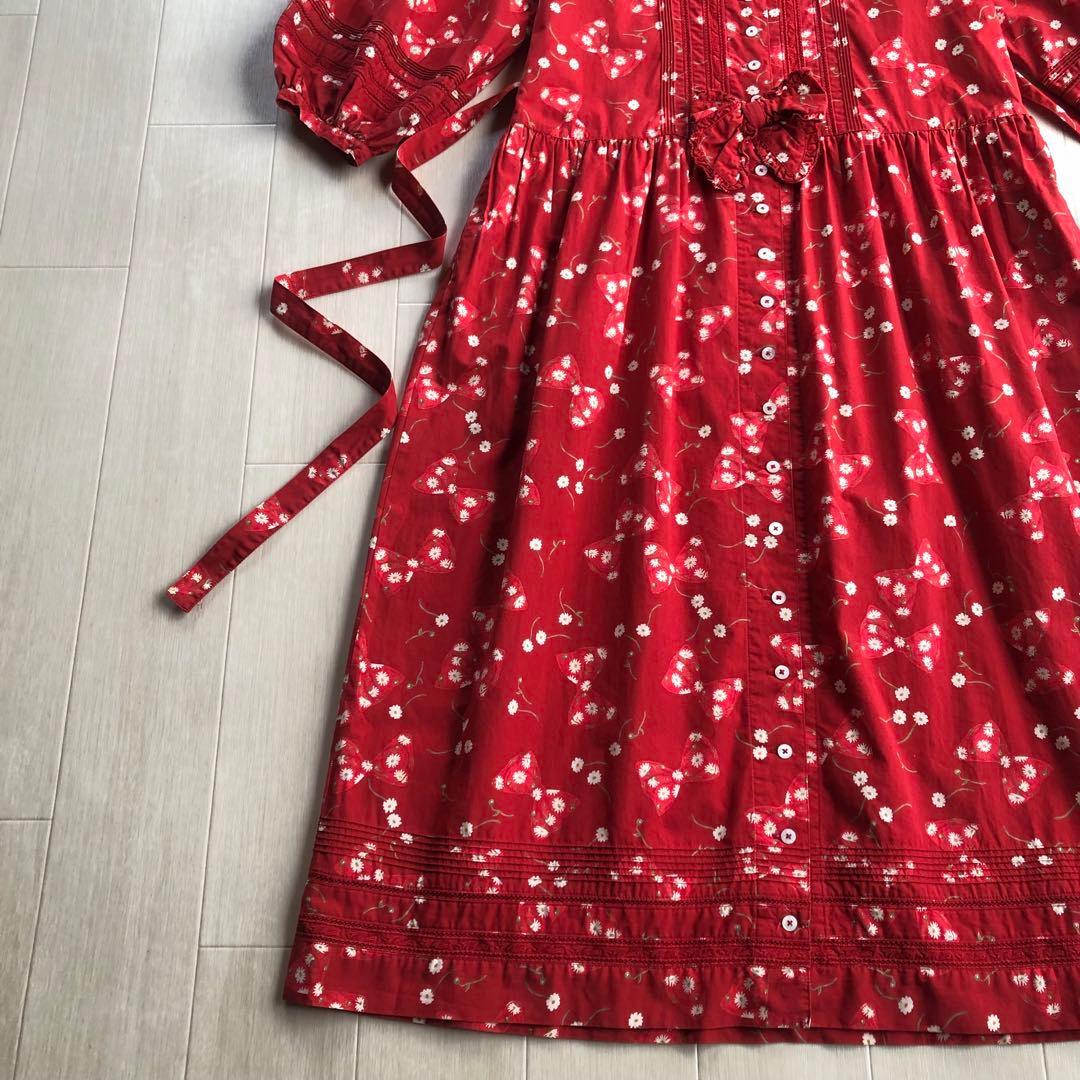 ピンクハウス マーガレット リボン ピンタック はしごレース 7分袖 ワンピース