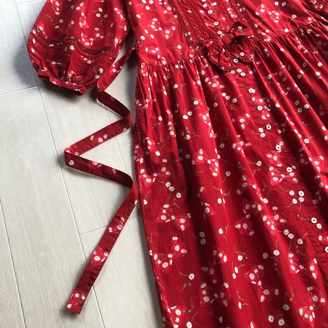 ピンクハウス マーガレット リボン ピンタック はしごレース 7分袖 ワンピース