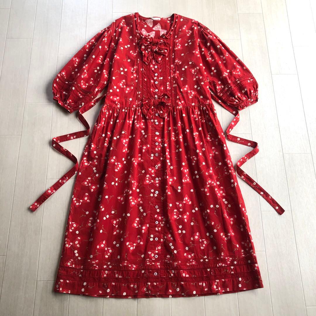 ピンクハウス マーガレット リボン ピンタック はしごレース 7分袖 ワンピース