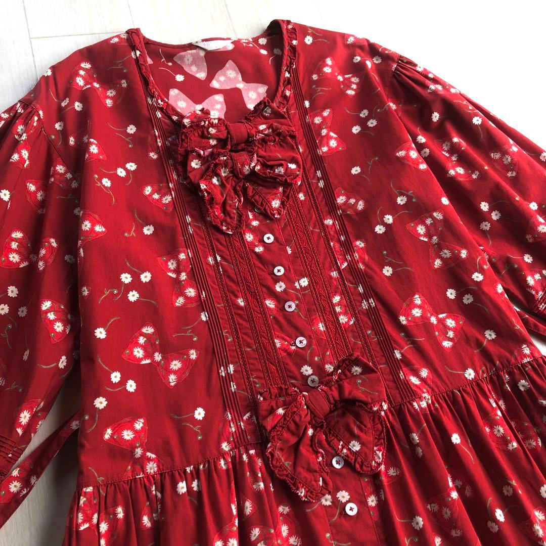 ピンクハウス マーガレット リボン ピンタック はしごレース 7分袖 ワンピース