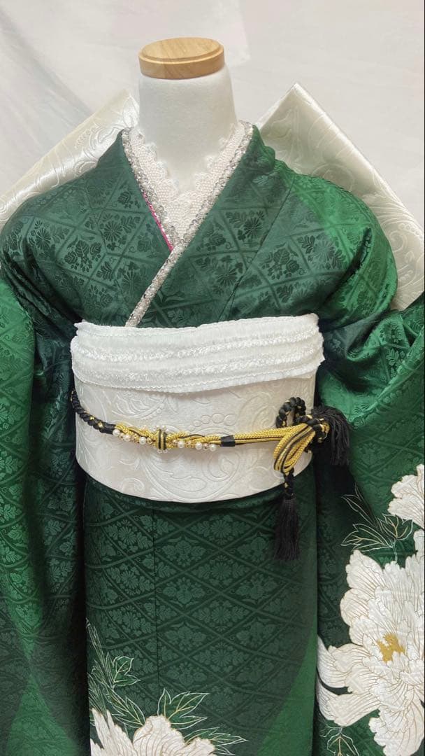 緑色の振袖 白い花刺繍 振袖 振袖フルセット 正絹 成人式　振袖6点セット K2