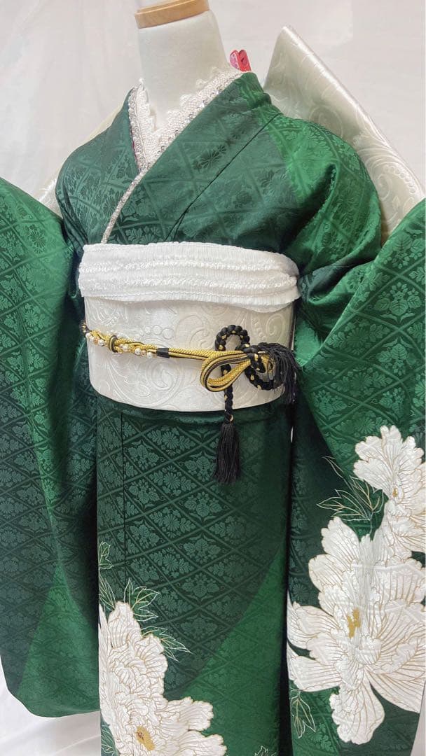 緑色の振袖 白い花刺繍 振袖 振袖フルセット 正絹 成人式　振袖6点セット K2