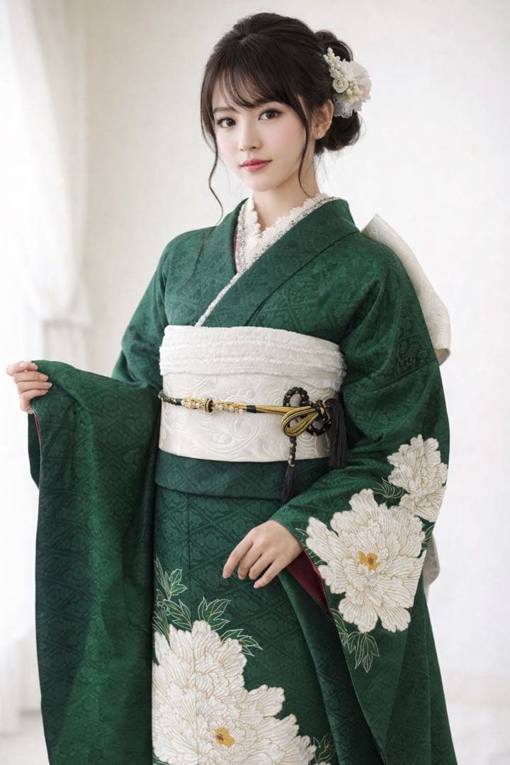 緑色の振袖 白い花刺繍 振袖 振袖フルセット 正絹 成人式　振袖6点セット K2