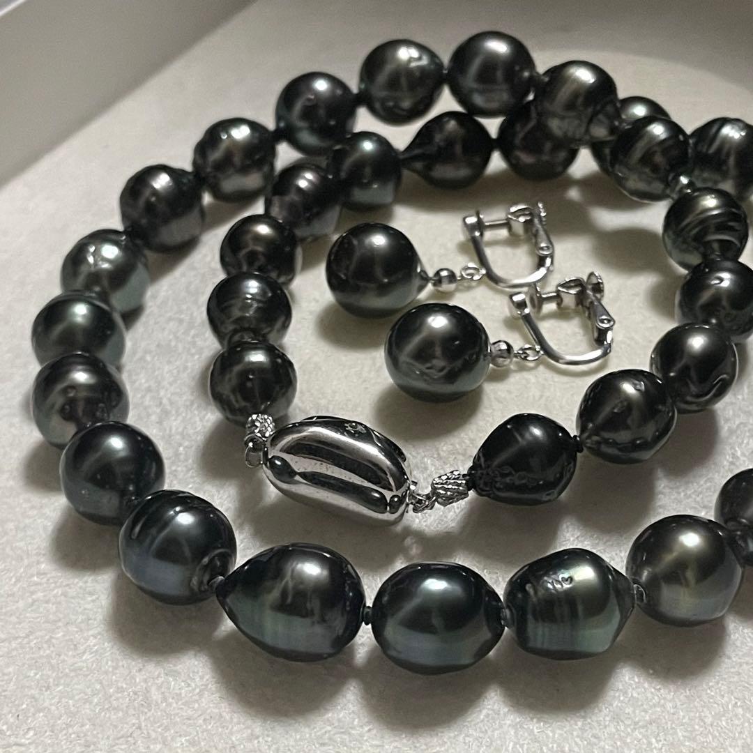 はっぱ5 【2点セット✨黒蝶真珠】ネックレス イヤリング 9.0-11.