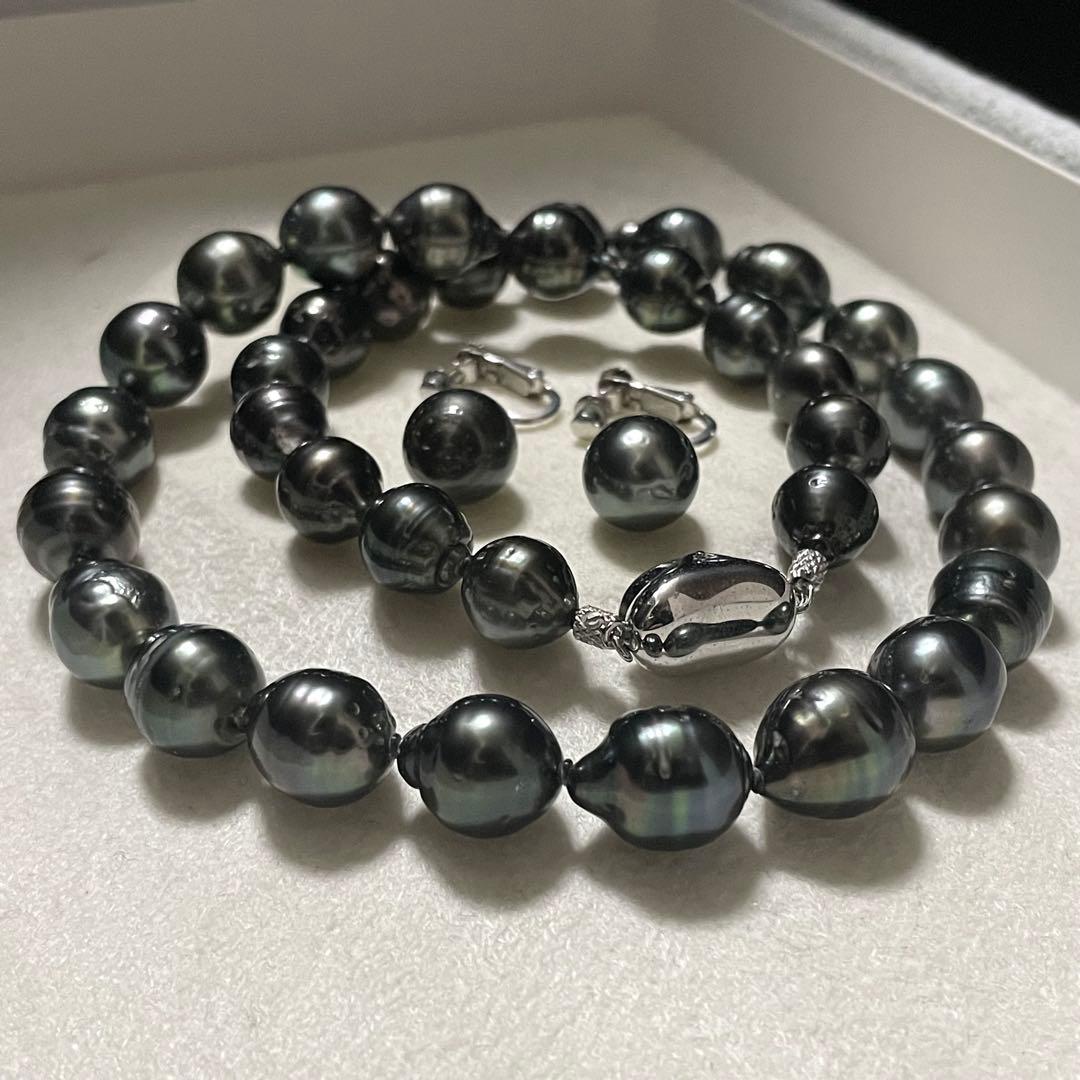 はっぱ5 【2点セット✨黒蝶真珠】ネックレス イヤリング 9.0-11.