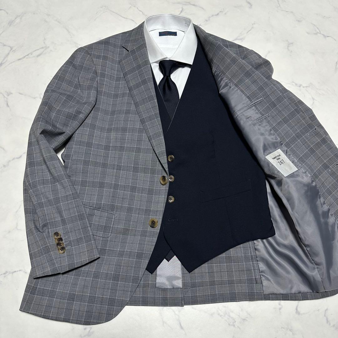 美品　24/7 3ピーススーツ　チェック　グレー　リバーシブルベスト　AB4