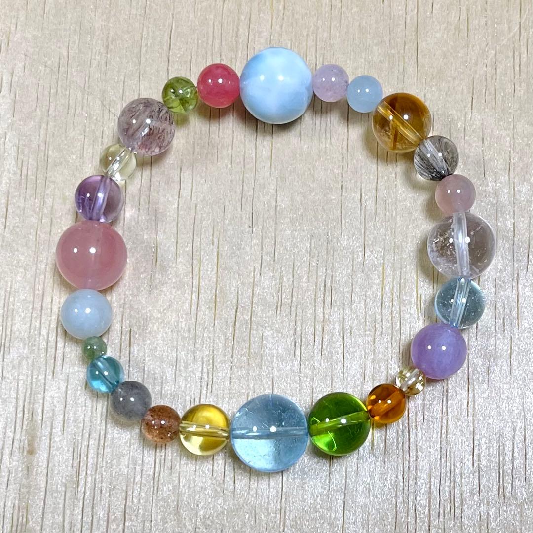 【高品質】琥珀・天然石（ラリマー、ブルートパーズ、エレスチャルクォーツ等）ブレス