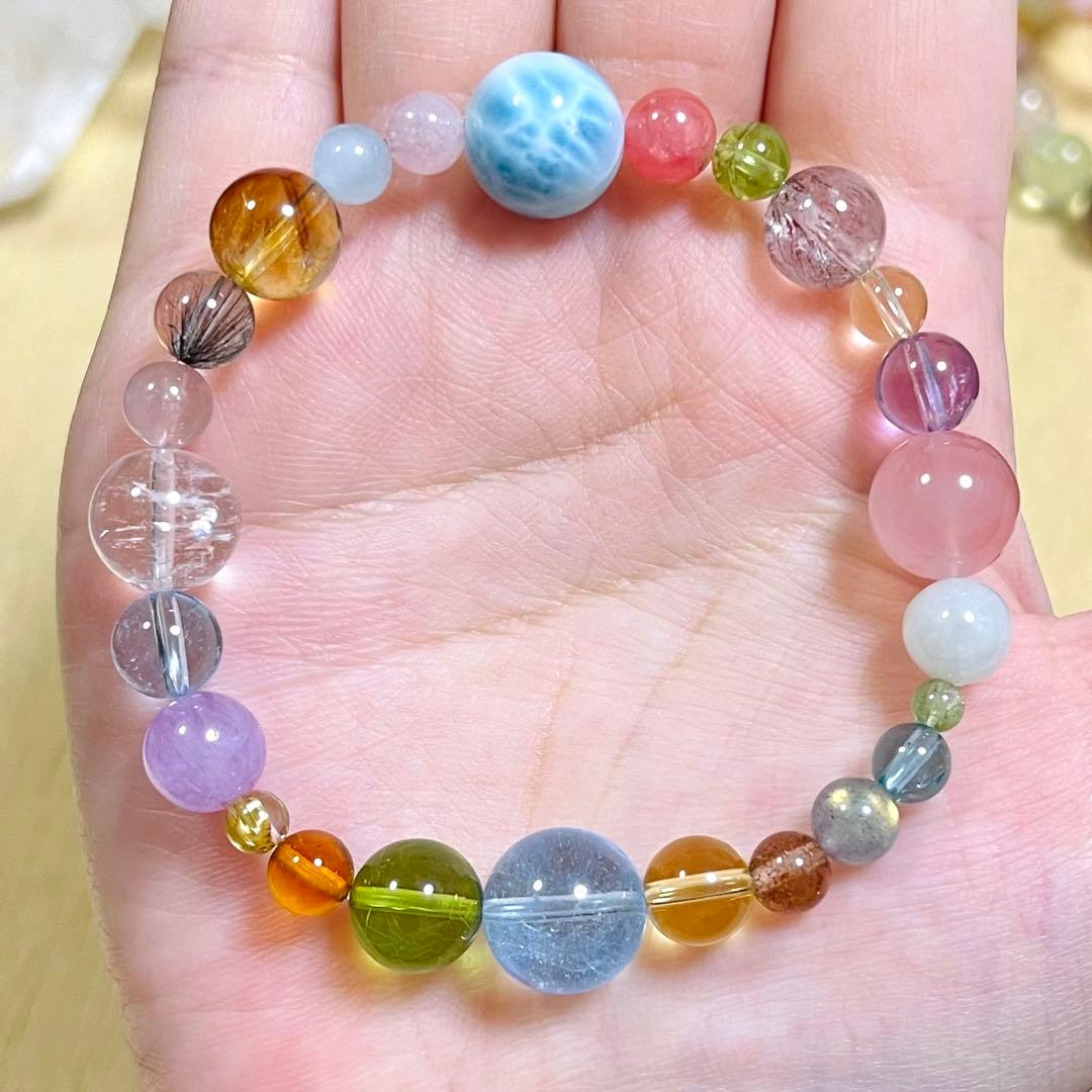 【高品質】琥珀・天然石（ラリマー、ブルートパーズ、エレスチャルクォーツ等）ブレス