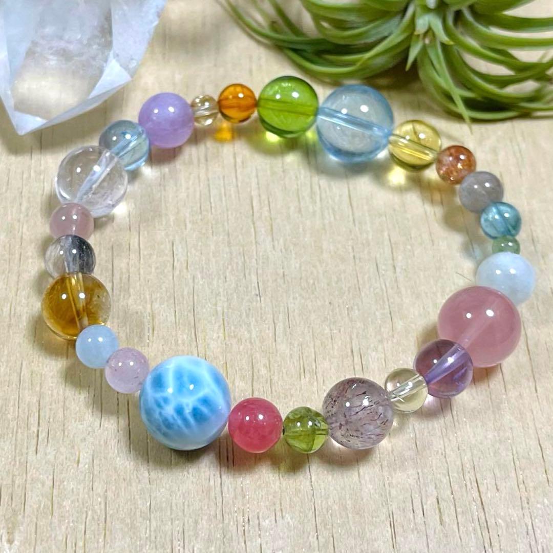 【高品質】琥珀・天然石（ラリマー、ブルートパーズ、エレスチャルクォーツ等）ブレス