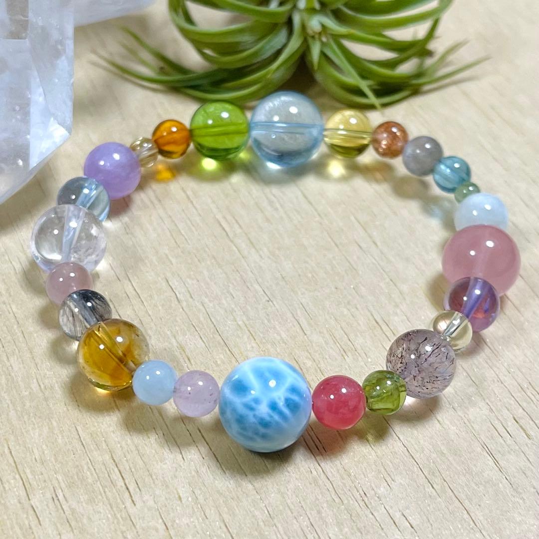【高品質】琥珀・天然石（ラリマー、ブルートパーズ、エレスチャルクォーツ等）ブレス