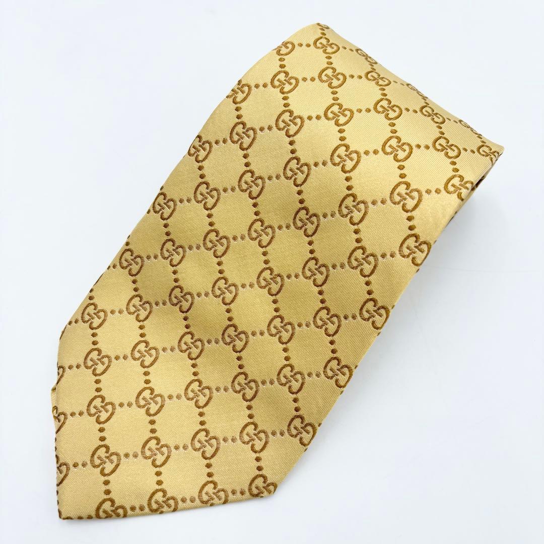 【美品】GUCCI グッチ ネクタイ GG柄 総柄 ゴールド イエロー シルク